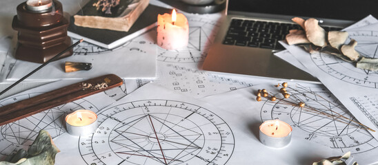 Astrology. Astrologer calculates natal chart and makes a forecast of fate Tarot cards, Fortune telling on tarot cards magic crystal, occultism, Esoteric background. Fortune telling,tarot predictions