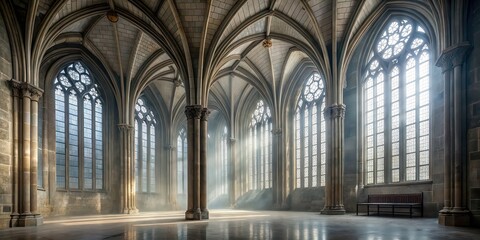 Foggy interior of an ancient gothic chapel with tall windows and columns , foggy, hall, gothic, ancient, chapel, tall windows
