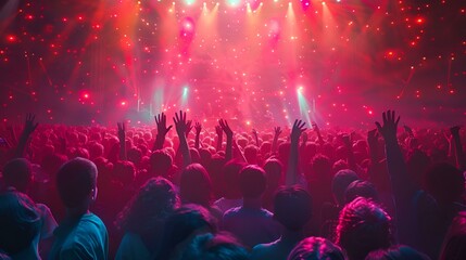 A group of people enjoying a concert, raising their hands.