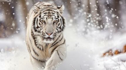 A white bengal tiger cat among snowflakes.