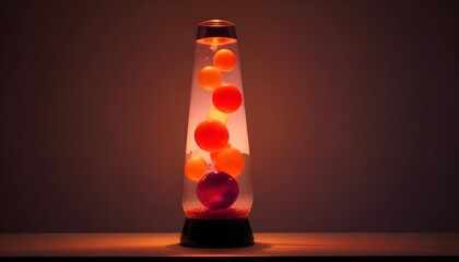 An isolated lava lamp with with bubbles floating in a clear liquid on a dark background