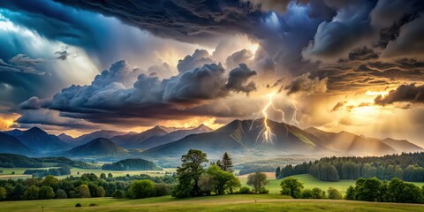 Fototapeta premium A dramatic double exposure photo of a stormy sky overlaying a serene landscape with mountains and trees , double exposure