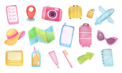 Cute travel journal and planner design illustrations set. huge watercolor Summer journey icons collection