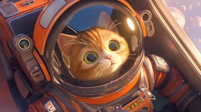 Cartoon orange striped cat on an astronaut mission.