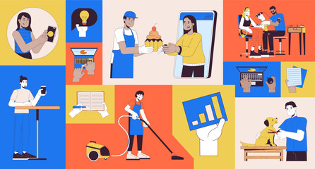 Jobs small business bento grid illustration set. Part time work 2D vector image collage design graphics collection. Ecommerce. Online entrepreneurs multinational flat characters moodboard layout