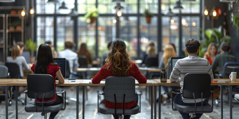 Coworkers team at work. Group of young business people in trendy casual wear working together in creative office.