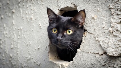 Black cat peeking through a hole in the wall, black cat, hole, wall, looking, curious, feline, pet, peeking, spying, hidden