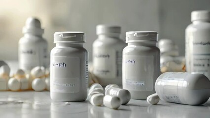 There are several white bottles of medicine on a table. Some pills are spilled in front of the bottles.