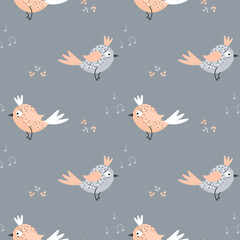 Seamless pattern, cute gray-pink birds and leaves on a delicate gray background. Baby print, baby textile, bedroom decor