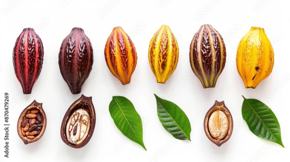Poster a close-up image of several cocoa pods in various stages of ripeness, arranged in a row. the pods ar