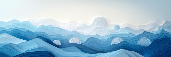 Fresh Blue Doodle Background with Paper Craft Elements in 3D Illustration