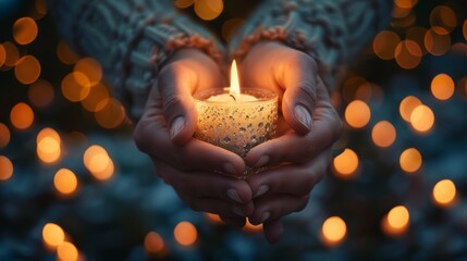 Close-up of hands holding candles during peaceful vigil against the background of soft glowing lights.