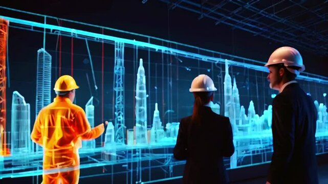 The video shows three people wearing hard hats and looking at a holographic display of a building.