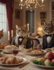 Amidst a lively gathering, an anthropomorphic cat savors a delicious meal at a dinner party
