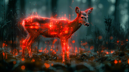 Abstract deer tech standing on forest, Ai generate