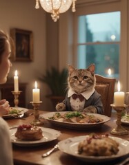 Amidst a lively gathering, an anthropomorphic cat savors a delicious meal at a dinner party
