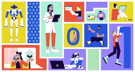 Software development people bento grid illustration set. Data scientist, programmers 2D vector image collage design graphics collection. Web developers multicultural flat characters moodboard layout