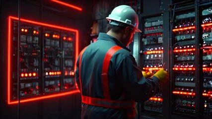 A man in a hard hat and safety vest is working on a server rack. The rack is lit up with red lights.