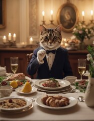Amidst a lively gathering, an anthropomorphic cat savors a delicious meal at a dinner party

