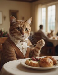Amidst a lively gathering, an anthropomorphic cat savors a delicious meal at a dinner party

