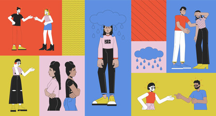 Obraz premium Annoyed displeased people bento grid illustration set. Quarrel conflict 2D vector image collage design graphics collection. Irritated grumpy. Crying depressed adults flat characters moodboard layout