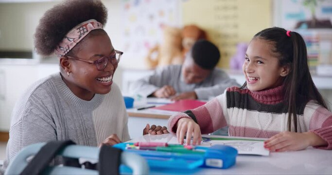 Classroom, school and teacher high five child for lesson, language skills and learning for assessment. Education, students and woman with girl with celebration for answer, knowledge and development