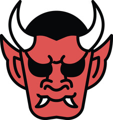 A black and white drawing of a demon with horns and a mask