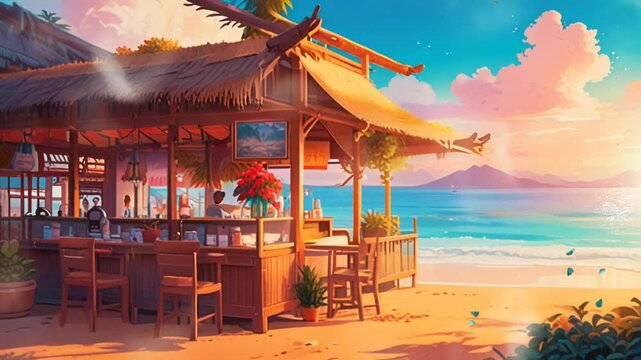Simple beachside restaurant with wooden roof in anime style, in a smooth looping background with 4K video animation.