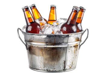 a bucket of beer bottles