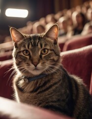 Captivated by the stage, an anthropomorphic cat watches intently at the theater
