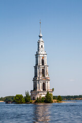 The bell tower of St. Nicholas Cathedral (known as the flooded bell tower) in Kalyazin on the island in the Uglich reservoir. Tver region, Russia