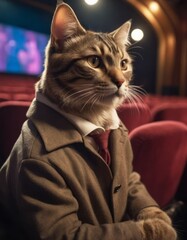 Captivated by the stage, an anthropomorphic cat watches intently at the theater
