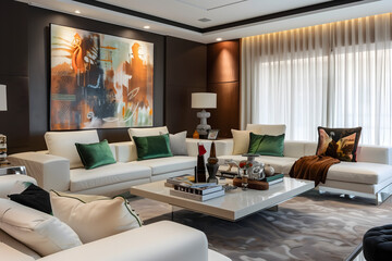Fototapeta premium Large living room modern furniture white sofa green pillows coffee table dark brown walls abstract oil painting wall Interior Design Concept