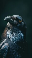 Close-up of a raven with detailed feathers and golden eye. Wildlife, birdwatching, and ornithology concept