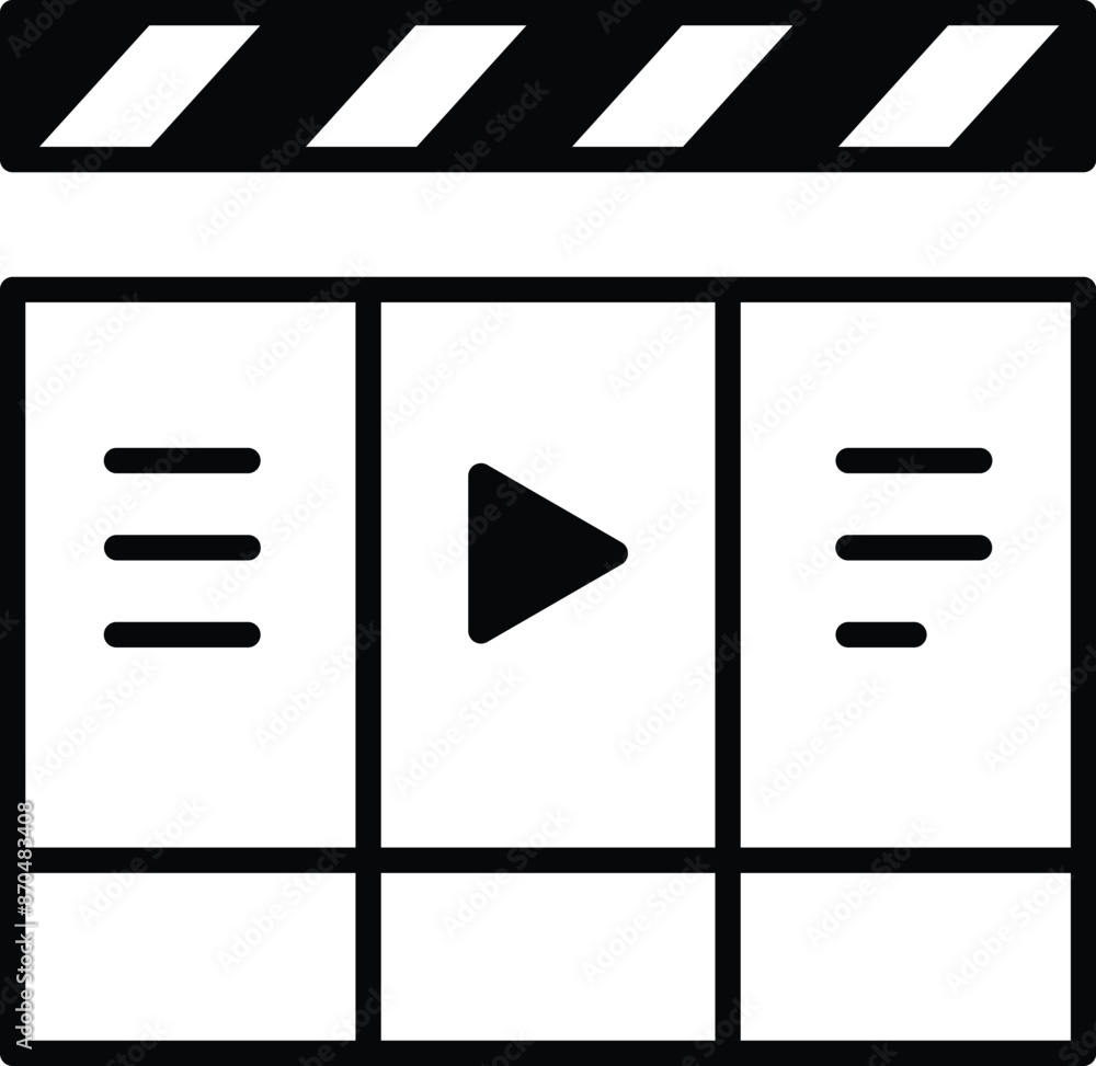 Poster a black and white image of a movie set with a red play button in the middle