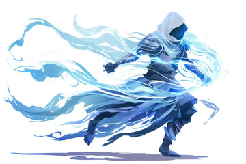 Phase-Shifting Phantom A warrior able to shift between dimensions, leaving a ghostly trail on the white backdrop.