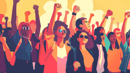 Diverse group of friends supporting each other at a protest or rally , friends, flat illustration