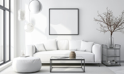 The living room interior is adorned with various elements such as a mock up poster frame, a white sofa, a modern pouf, a glass coffee table, a vase with a branch, a stylish rack, and silver personal