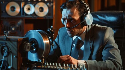 An agent, dressed in a suit, intently listens to a reel-to-reel tape recorder in a dimly lit room. He wears headphones and a serious expression, as if deciphering crucial information