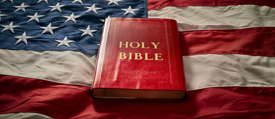 Photo of a red bible on an American flag background