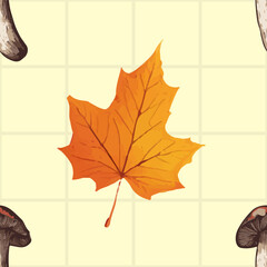 Mushroom with leaves seamless pattern. Designs on grid, and plain backgrounds in beige. Perfect for fabrics, wallpapers, and digital projects