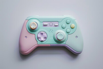 A pastel green and pink game controller with buttons and joysticks sits on a white surface