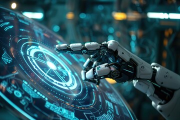 Fototapeta premium Robot hand presses the button on a virtual holographic interface HUD. Ai Generative