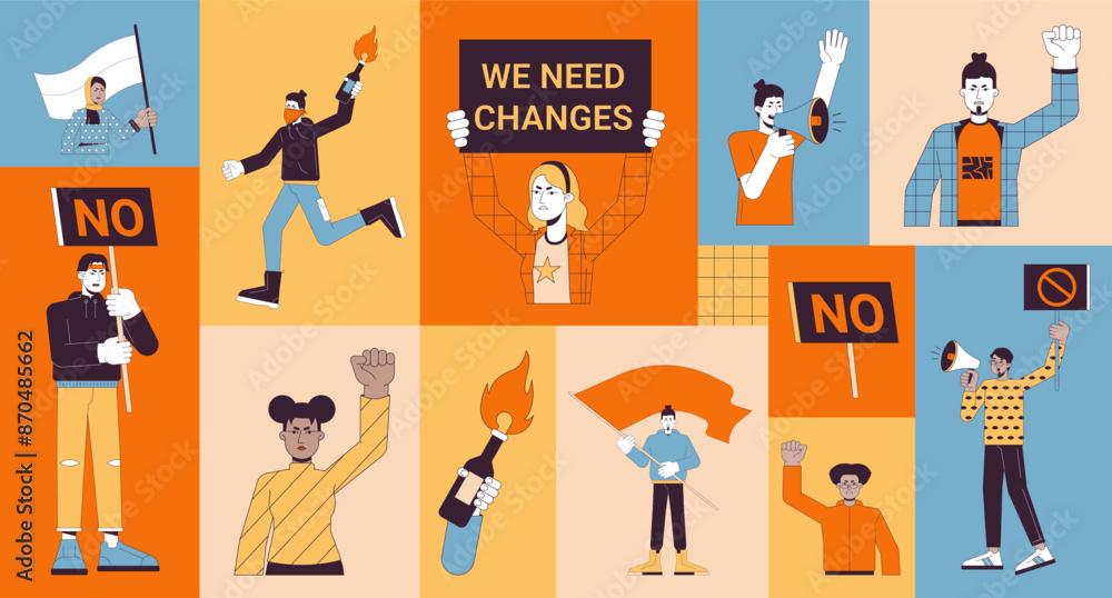 Poster protest demonstration bento grid illustration set. free speech 2d vector image collage design graphi