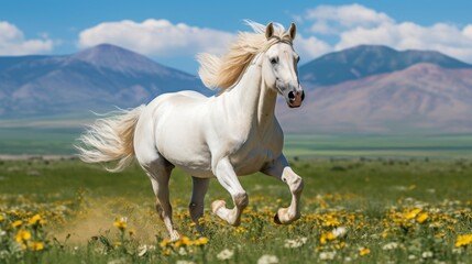 Obraz premium Elegant white stallion galloping freely in vast green pasture under the open sky