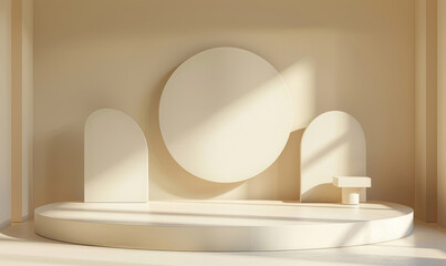 Abstract geometric shapes on a background with a podium for product presentation, featuring round and square forms.