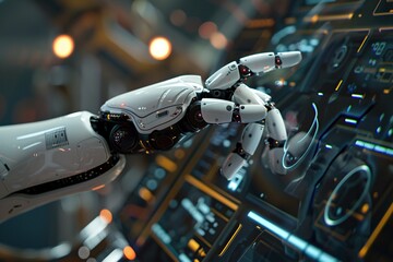 Fototapeta premium Robot hand presses the button on a virtual holographic interface HUD. Ai Generative