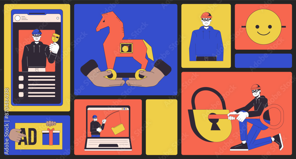 Poster cyber thefts bento grid illustration set. steal scammers 2d vector image collage design graphics col