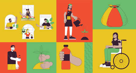 We culture mindset bento grid illustration set. Sustainability eco-friendly 2D vector image collage design graphics collection. Inclusive people diverse volunteers flat characters moodboard layout