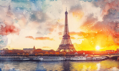 Watercolor The main attraction of Paris and all of Europe is the Eiffel tower in the rays of the setting sun on the bank of Seine river